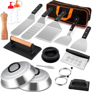 Joyfair Grill-Zubehör-Set, Edelstahl, flache Oberseite, Grillspachtel, Zubehör-Set mit Backabdeckung, Burgerpresse, für Outdoor-Grillen, Teppanyaki, Hibachi-Kochen (ABS-Griffe)