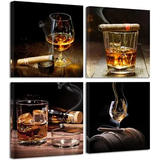 pyradecor Zigarre Wein Whisky Kunstdruck auf Leinwand Art Wand Still Life Bilder Gemälde für Küche Bar Pub Home Dekorationen 4 Stück Modern gespannt und gerahmt fertig zum Aufhängen Giclée-Artwork