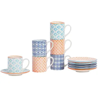 Nicola Spring 65ml Espresso-Tassen & Untertassen 12-teiliges Set – 3-farbig | Kaffeetassen aus Steingut mit Untertassen Shabby-Chic-Muster spülmaschinen- und mikrowellengeeignet