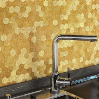 VAOVI Selbstklebende Mosaik Fliese Gold Küche Wand,Wandfliese Metall mit Facette Gold Matt und Glänzend Fliesenaufkleber Sechseck(10 Matte)