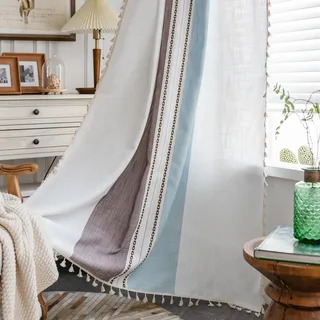 Sutuo Home Boho-Vorhänge, 213,4 cm, für Schlafzimmer, Wohnzimmer, halbverdunkelnd, Leinen, Bauernhaus-Quasten, Fensterbehandlung, Bohemian-Stickerei, Vorhang, Stangentasche, 1 Bahn, 132,1 x 213,4 cm