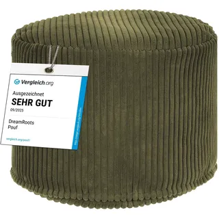 DreamRoots Runder Cord Pouf Hocker 380 g/m2 als Bequemer Bodenstuhl und Vielseitiges Sitzkissen Boden für Wohnzimmer Schlafzimmer oder Homeoffice 50x50x35 cm Dark Olive