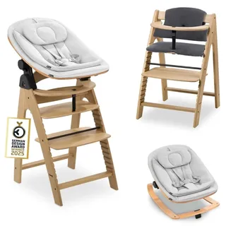 hauck Arketa Hochstuhl Newborn Set mit Eco Bouncer - Eiche | Mitwachsender Holz Kinderhochstuhl ab Geburt bis 130 kg | inkl. Baby Neugeborenenaufsatz & Sitzkissen