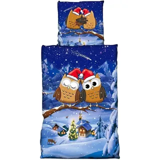 Winter Fleece Bettwäsche 135x200 Eulen Flausch Thermofleece Bettbezug Weinachten 2 tlg