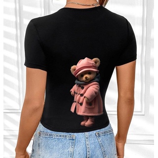 RMK Kurzarmshirt Damen T-Shirt kurzarm Top Sommer Rundhals süßer Teddybär Bär Brille aus Baumwolle, mit lizenziertem Originaldesign rosa|schwarz 36