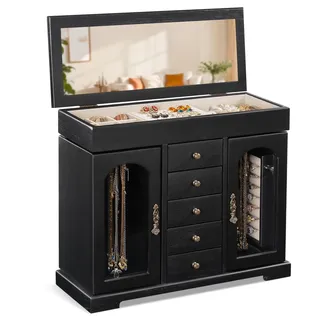 Emfogoo Schmuckkästchen, Rustikales Holz Groß Schmuckkasten Organizers mit Spiegel, Schmuckaufbewahrung, 6 Ebenen Schmuckbox für Ringe, Ohrringe, Halsketten, Armbänder (Schwarz)