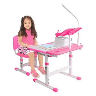 Kinder Schreibtischstuhl Set, Kinderschreibtisch höhenverstellbar, multifunktionaler Schreibtisch und Stuhlset für Kinder Lerntisch Studentententisch mit Lampe und Buchständer