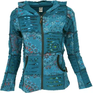 Guru-Shop Langjacke Goa Patchwork Jacke, Boho Kapuzenjacke, Ethno.. alternative Bekleidung blau XL