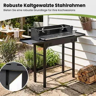 COSTWAY Holzkohlegrill, Campinggrill mit höhenverstellbarem Grillrost, 73x34cm Kochfläche, 2 Ablagen, Drehspieß & 2 Grillrosthebern Grillwagen O... - Schwarz