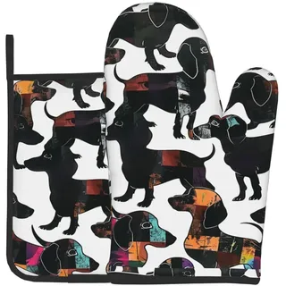 Ofenhandschuhe und Topflappen mit Dackel-Motiv, bedruckt, 2-teilig, hitzebeständig, wasserdicht, Backhandschuhe, Topflappen