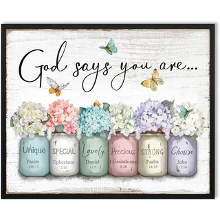 Wandkunst: "God Says You Are": Inspirierende Zitate, christliche Wandkunst, Bibelversen, Wanddekoration, religiöse Geschenke für Frauen und Mädchen, Hortensien-Blume im Einmachglas, Bild, Poster