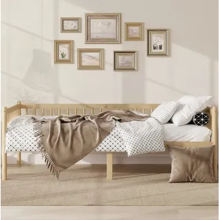 OKWISH Kinderbett Tagesbett mit 3-seitigem Geländer & 14 Tragleisten (Packung, Natur, 90×200 cm, ohne Matratze, für Kinderzimmer), Holz, runde Beine, stabil beige