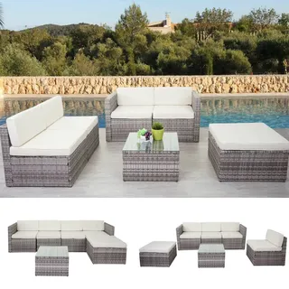 Poly-Rattan-Garten-/Lounge-Set HWC-D24, Garnitur Sofa, grau, Polster creme-beige