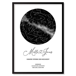Personalisierte Sternenkarte - Sternenhimmel Poster - Die Sternenkarte vom Wunschdatum mit Wunschtext - Personalisiertes Geschenk - Valentinstag, Hochzeit, Verlobung (Rahmen optional)
