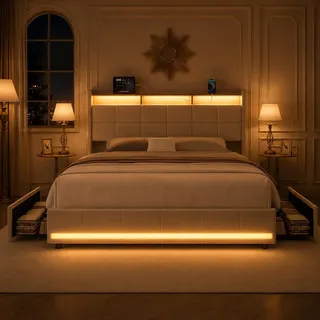 Polsterbett Doppelbett 180x200 cm, Stauraumbett mit 4 Schubladen, Bett 180x200 mit Bettkasten und Lattenrost, Staufach-Kopfteil mit LED und USB Ladestation, Jugendbett Funktionsbett, Leinen