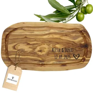 HOFMEISTER® Olivenholz Schneidebrett personalisiert mit Gravur, 30 x 20 x 1,5 cm – Holzbrett mit Saftrille und Wunschtext – Geschenk zu Hochzeit und Jahrestag, in Handarbeit gefertigt (1 Stück)