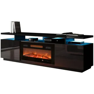Mirjan24 TV Schrank Lostino mit Elektrischem Kamin, Realistische LED-Flamme, Elektrischer Kamin mit Heizung, TV Lowboard (mit LED Beleuchtung schwarz/schwarz Hochglanz)
