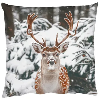 MuchoWow Dekokissen Hirsche - Schnee - Winter - Wald - Tiere, Zierkissen, Deko Kissen mit Füllung, Sofakissen, 60x60 cm Quadratisch | 60 cm x 15 cm x 60 cm