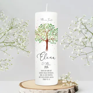 Wandtattoo Loft Taufkerze Junge oder Mädchen mit Taufspruch, Motiv mit Lebensbaum, 25cm x 8cm, personalisierte Kerze, bedruckte Kerze zur Taufe, Stumpenkerze, individuelles Taufgeschenk
