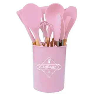 12-tlg Küchenhelfer Kochbesteck Set Kochgeschirr Silikon Holzgriff Pink
