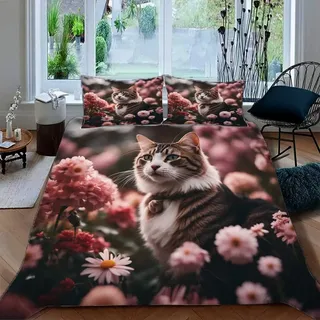 Zbeiba Bettwäsche 135x200cm Katze zwischen Blumen Bettbezug und 2 Kissenbezug 80x80cm 3 teilig,#14,3D Drucken Bettbezug Mit Reißverschluss