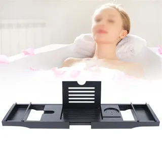 HarBin-Star Badewannenablage 76 x 6.3 × 24cm Faltbares Badezimmertablett Rutschfestes Badewannentablett Schwarz Verstellbares Bambus Badewannenbrett Badewannen Ablagen