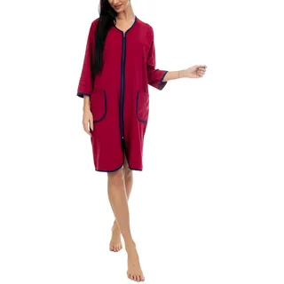 Aquarti Damen Bademantel Morgenmantel mit Reißverschluss Hausmantel Leicht 3/4 Ärmel, Farbe: Dunkelrot, Größe: XL - XL