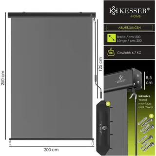 Kesser Senkrechtmarkise Außenrollo 200 x 250 cm Grau