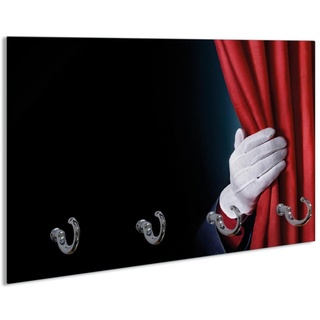 Wallario Schlüsselbrett Vorhang auf für die Show Hand hinterm roten Vorhang, (inkl. Aufhängeset), 30x20cm, aus ESG-Sicherheitsglas rot