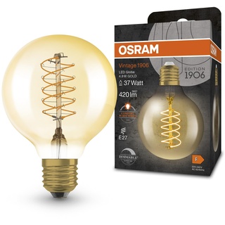 OSRAM Vintage 1906 LED-Lampe mit Gold-Tönung, 4,8W, 420lm, Kugel-Form mit 80mm Durchmesser & E27-Sockel, warmweiße Lichtfarbe, spiralförmiges Filament, dimmbar, bis zu 15.000 Stunden Lebensdauer