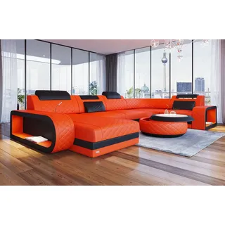Sofa Dreams Wohnlandschaft Berlin U Form Mini Leder, Designersof, 6-Sitzer, LED-Beleuchtung, Couch, Kopfstützen, USB-Anschluss, Ottomane orange|schwarz