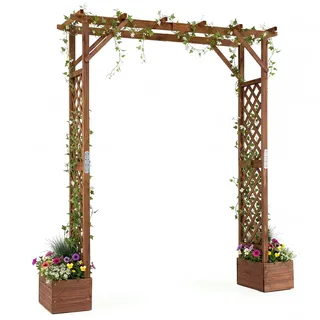 COSTWAY Rosenbogen mit 2 Blumenkästen, Gartenbogen Holz, Braun