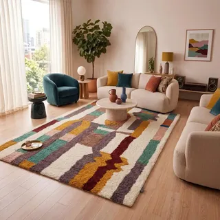 Morgenland Wollteppich Handgetuftet Wolle Bunt 190x290cm | 100% Schurwolle, Kollektion Naturals, Wohnzimmer & Schlafzimmer, Handarbeit, Rechteckig