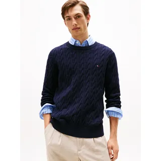 Strickpullover TOMMY HILFIGER "CLASSIC CABLE CREW NECK mit Strukturstrick und Flaglabel", Herren, Gr. XXL, blau (desert sky), Obermaterial: 100% Baumwolle, normal, Rundhals, Bündchen, Pullover Strickpullover, unifarben, casual, regular fit, Baumwolle, Rundhals