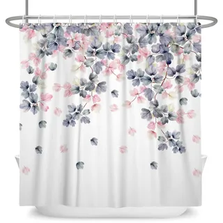 SDOTPMT 105x160cm Rosa Grau Blumendusche Vorhang Frühling Boho Vintage-Stil Romantisch Blühen Blumen Pflanzen Naturlandschaft Badevorhang für Badezimmer Badewannen Dekorationen mit Haken