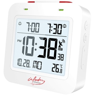 infactory Reisewecker: Digitaler Reise-Funkwecker mit Thermometer, Datum, Dual-Alarm, weiß (Digitaler Wecker, Wecker Funk, Mehreren)