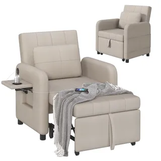 DSNAPE Sessel mit Schlaffunktion, Schlafsessel mit Bettfunktion, Schlafsofa mit Verstellbare Rückenlehne Inkl. Klapptablett & Ladeanschluss, Klappbar Sofa Bett für Wohnzimmer Schlafzimmer, Beige