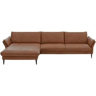 Hukla Ecksofa, Braun, Metall, Echtleder, Longlife-Leder, Semi-Anilinleder, 4-Sitzer, Ottomane links, L-Form, 334x172 cm, Goldenes M, erweiterbar, Fußauswahl, Lederauswahl, Stoffauswahl, planbar, Sitzqualitäten, seitenverkehrt erhältlich, Hocker Rücken echt, individuell planbar, Wohnzimmer, Sofas & Couches, Wohnlandschaften, Ecksofas