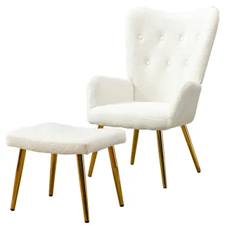 Merax 2er Set Ohrensessel Einzelsessel Relaxsessel Teddy-Fleece Lounge-Sessel mit Fußschemel Hocker Ottomane Weiß