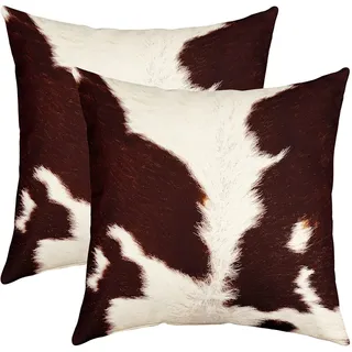 2er Set Kissenbezüge Kuhfell Kissenbezüge 60x60cm Kuhfell Western Bauernhaus Wildtiere Bauernhof Tier Haut Dekokissen für Home Dekor Kissenhülle Kissenbezug Umkehrbar Weiß Braun Wurf Dekokissen