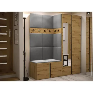 MIRJAN24 Garderoben-Set Orion XII, (Komplett-Set, Schrank, Schrank mit Spiegel, 2x Kleiderhaken, Paneel 11x 42x42), Auswahl aus Fronten und Polsterplatten grau