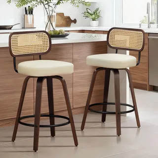 SoarFlash 2 Barhocker, 360° drehbar, Rattan-Lehne, Sitzhöhe 65 cm, Beige | PU-Sitzfläche, Nussbaum-Gestell, Metall-Fußstütze, modern, für Kücheninsel und Bar