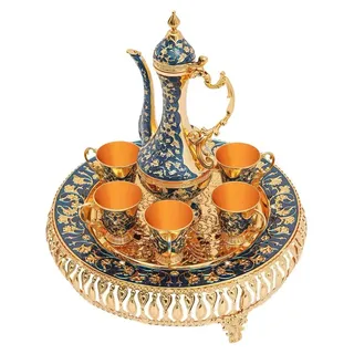 Türkisches Kaffeeset - Kaffeetassen- und Teekannenset - 250 ml Kanne - 6 Tassen - Vintage Luxus Design - Zinklegierung - Dunkelblau