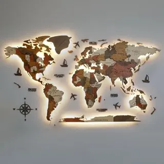 3D LED Holz+Acryl Weltkarte Wand, Wohnzimmer Hängende Wandmalerei, Extra große Größe 150/200/250/300cm, 3D Wandkunst Dekor, Moderne Kunst Heimdekoration Geschenke LED Beleuchtung Wanddekoration