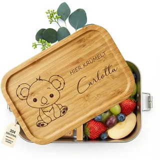 Thiger Brotdose Edelstahl Koala, personalisiert mit Namensgravur | Koala-Motiv mit Wunschname graviert, Edelstahl 304, Bambusdeckel, Trennwand inklusive