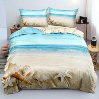 Gezu Maritime Bettwäsche 135x200cm 4Teilig Meer Strandmotiv Muschel Blau Wende Bettwäsche Set 3D Effekt Druck 2 Bettbezüge und 2 Kissenbezüge 80x80cm mit Reißverschluss
