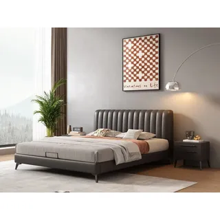 mukuhi Lederbett Polsterbett Echtleder 180x200 cm mit Steppkopfteil grau
