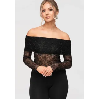 OMBRE Carmenbluse Damen Carmenbluse Spitze Elegant Schwarz S/M (kein Set, 1-tlg) Ajour-Muster, transparente Ärmel schwarz S/M