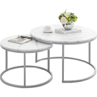 Ginhow Couchtisch Marmor Optik | Satztische fürs Wohnzimmer | ø 80 + 60 Groß Tisch Rund | MDF Coffee Table | Weiß Marmoroptik und Silber Stahl Gestell