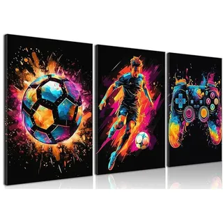 YAYNO 3 Stück Graffiti Jungenzimmer Wandbilder Graffiti Gaming Zimmer Deko Bunte Fußball Gamepad Gaming Poster Cool Neon Gaming Bilder für Schlafzimmer Spielzimmer Rahmenlos
